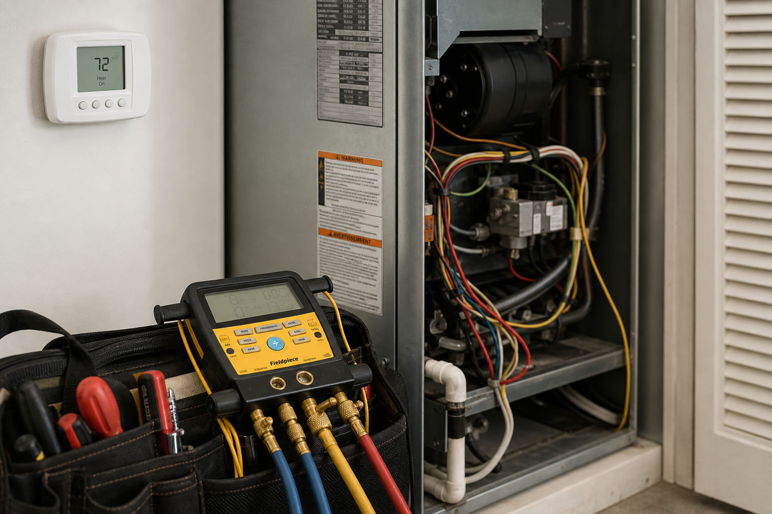 Diagnostic tools positioned near an indoor AC system during an emergency inspection