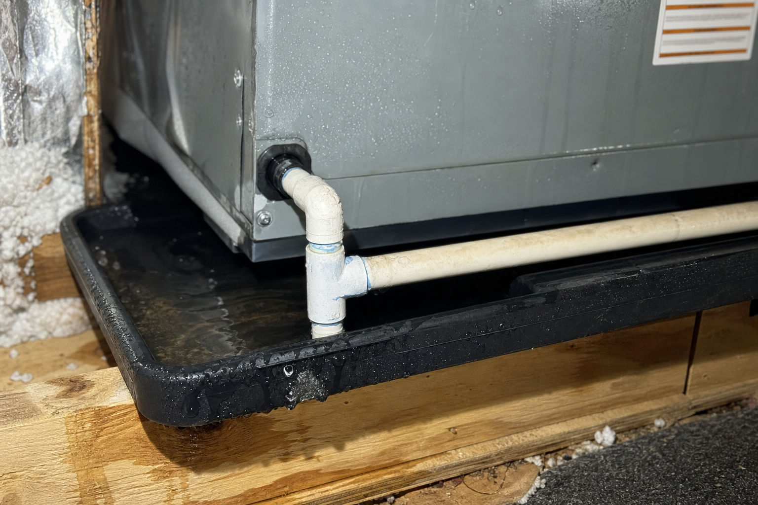Condensate drain line and drain pan showing signs of AC water overflow