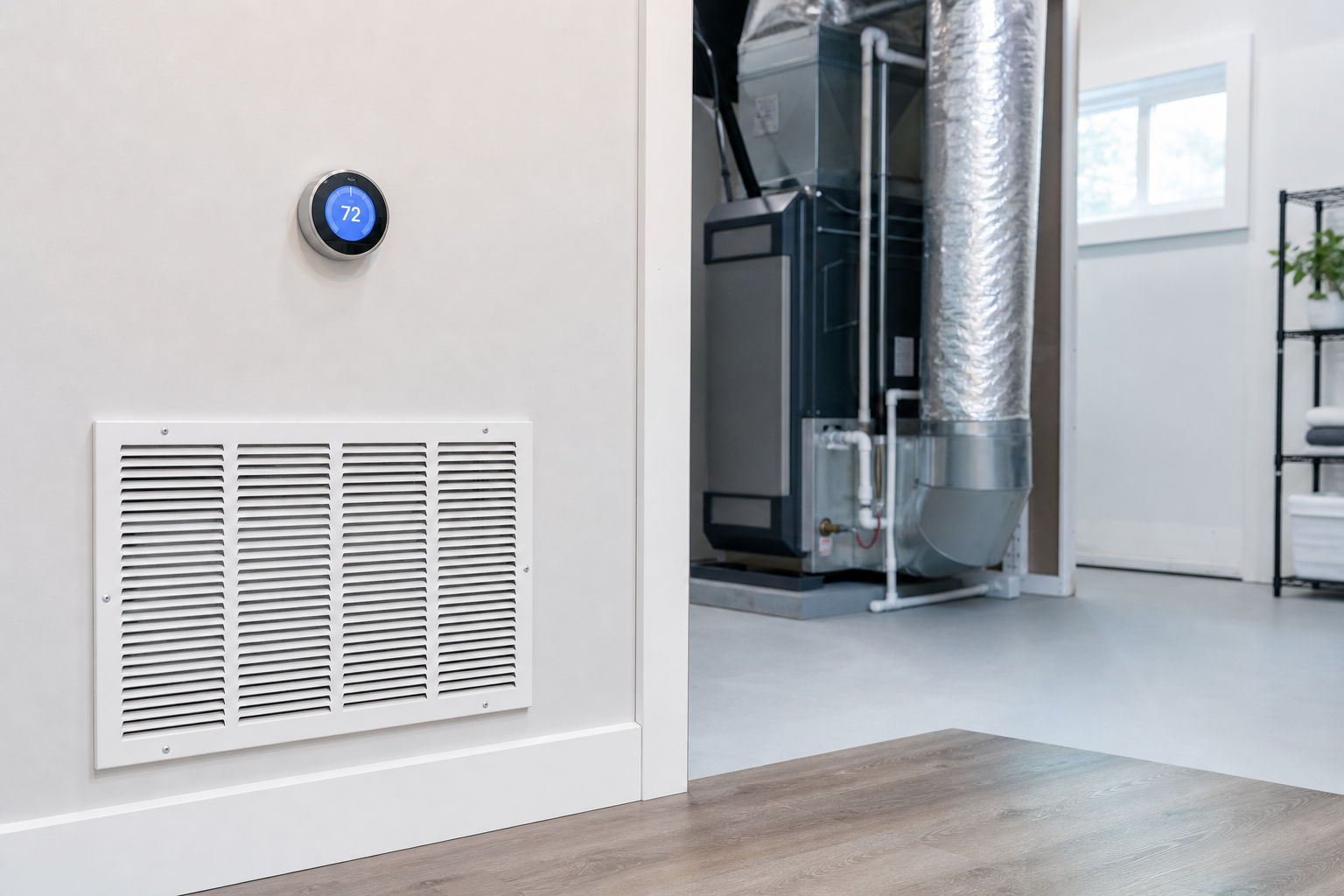 Indoor HVAC components and thermostat in a well-maintained property
