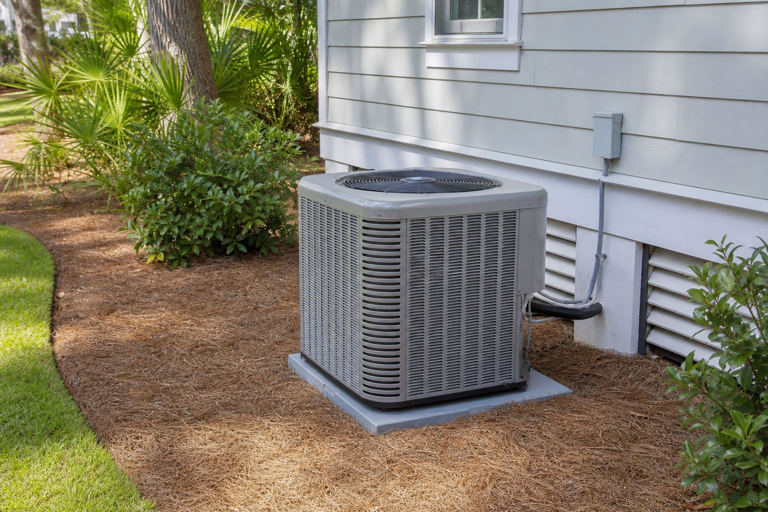 Outdoor condenser unit cleared for proper airflow before summer