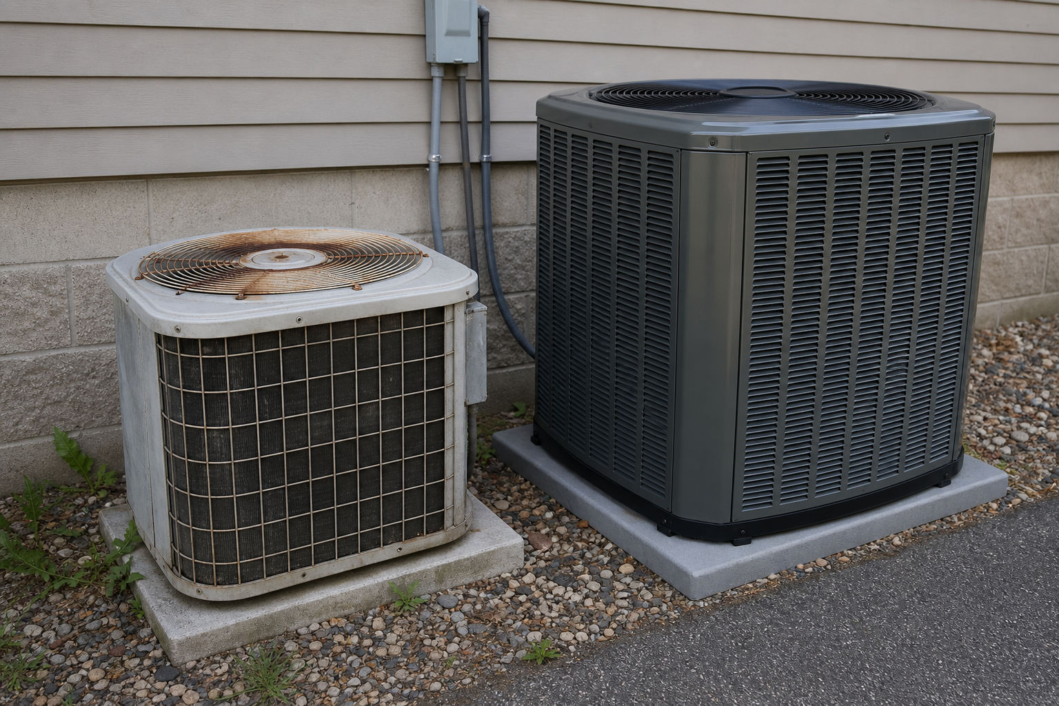 Comparison of older and newer HVAC equipment outdoors