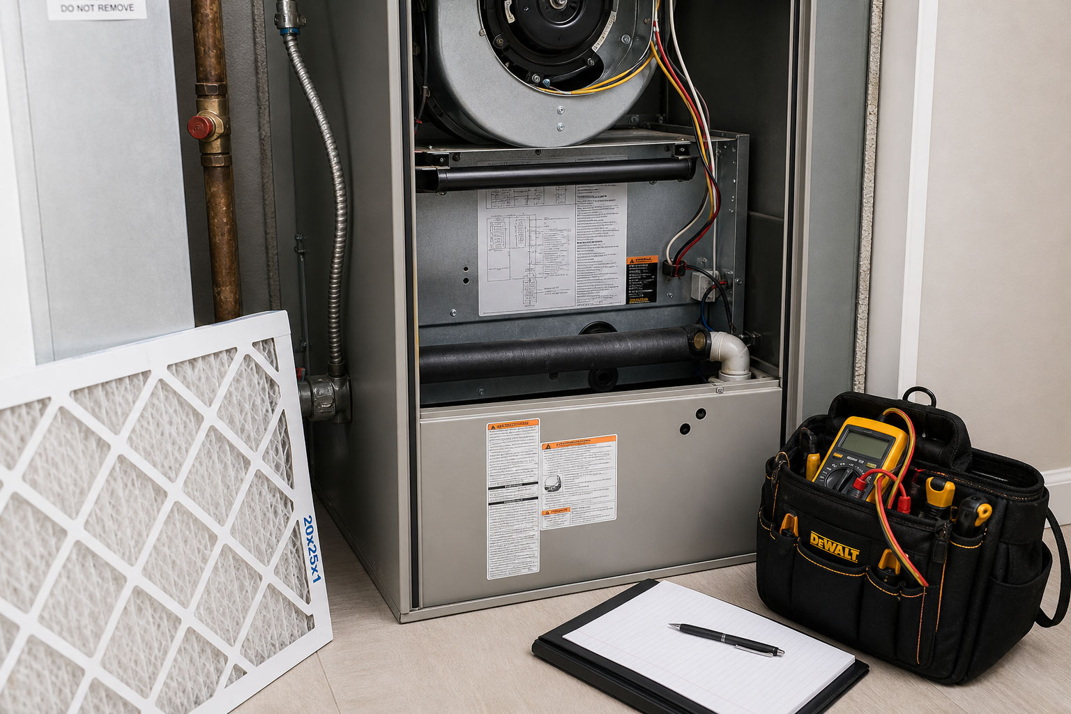Residential HVAC system being inspected in a clean utility space