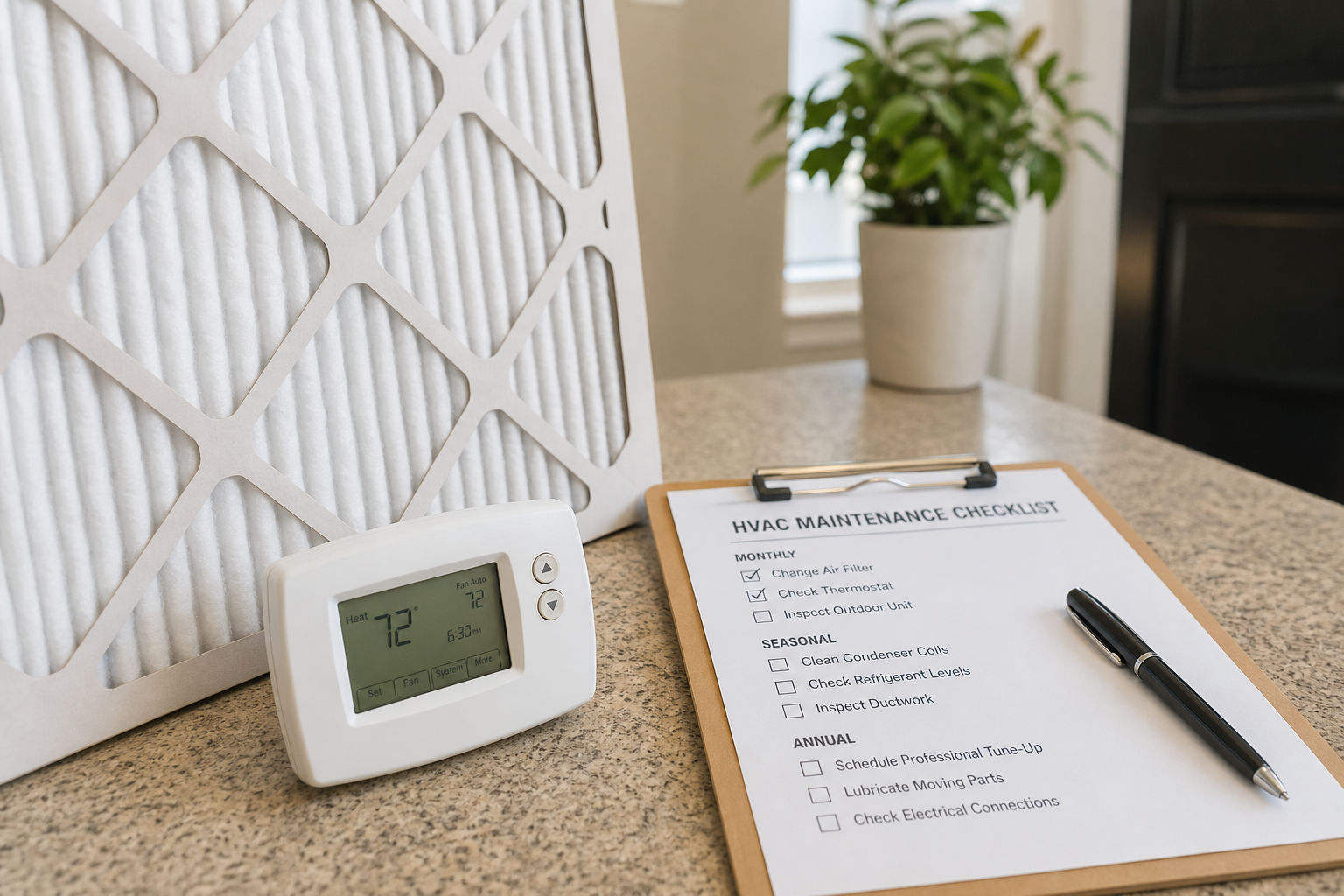 Air filter and thermostat being checked before summer HVAC season