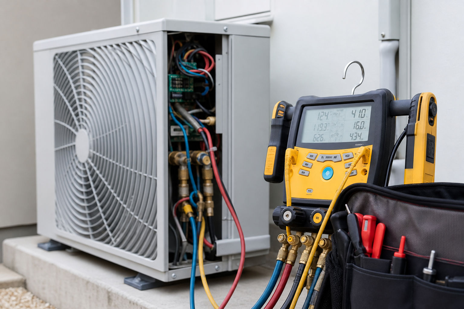 Air conditioning system being evaluated with professional diagnostic tools