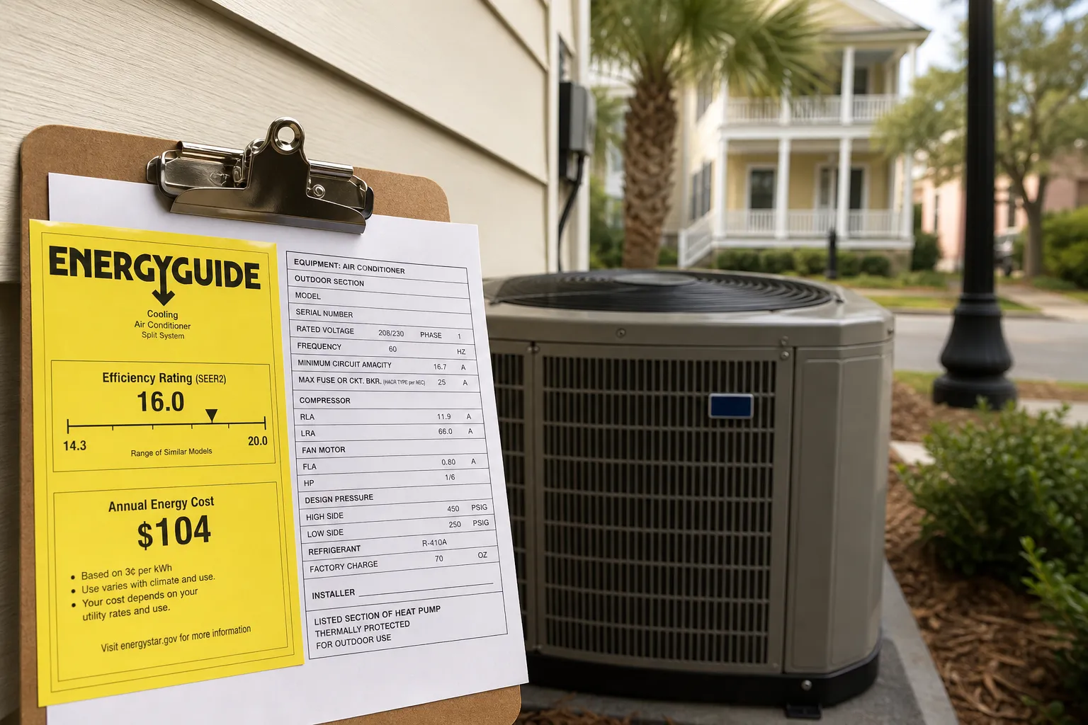 SEER2 efficiency information for a residential air conditioning system in Charleston