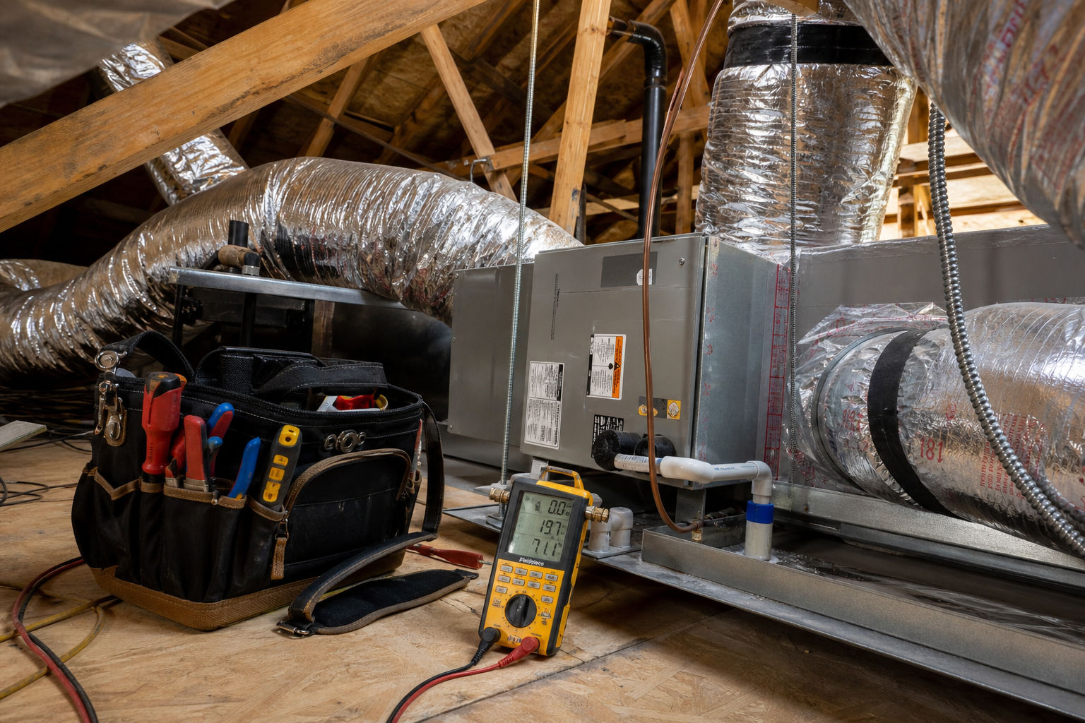 Ductwork and diagnostic tools during an HVAC inspection for rising summer energy bills