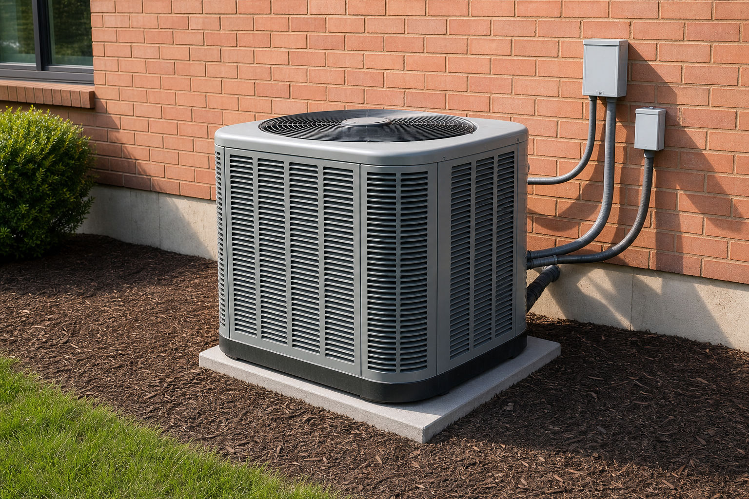 Outdoor HVAC unit with clear airflow space beside a local property