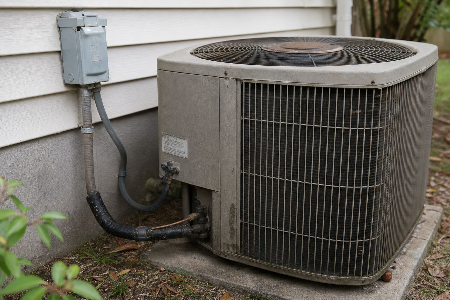 Older outdoor AC unit at a James Island property before replacement evaluation