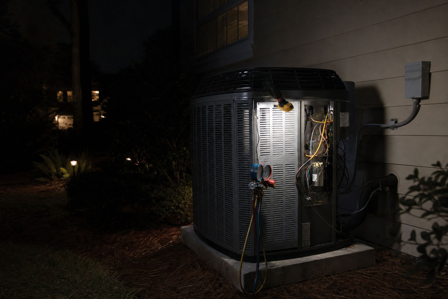 Outdoor air conditioner being inspected during an after-hours repair visit
