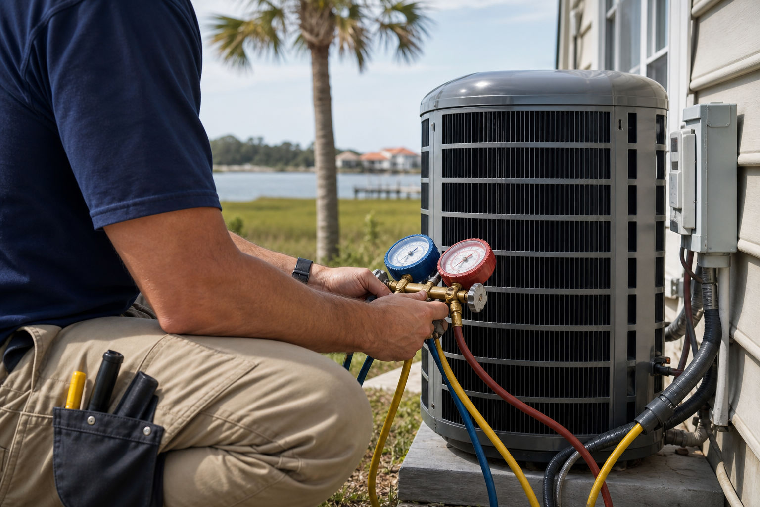 Professional AC diagnostic testing at an outdoor unit