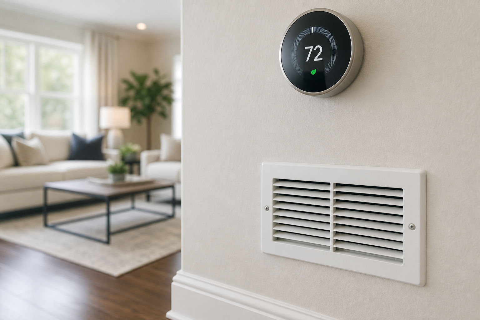 Modern thermostat and air vent inside a local home