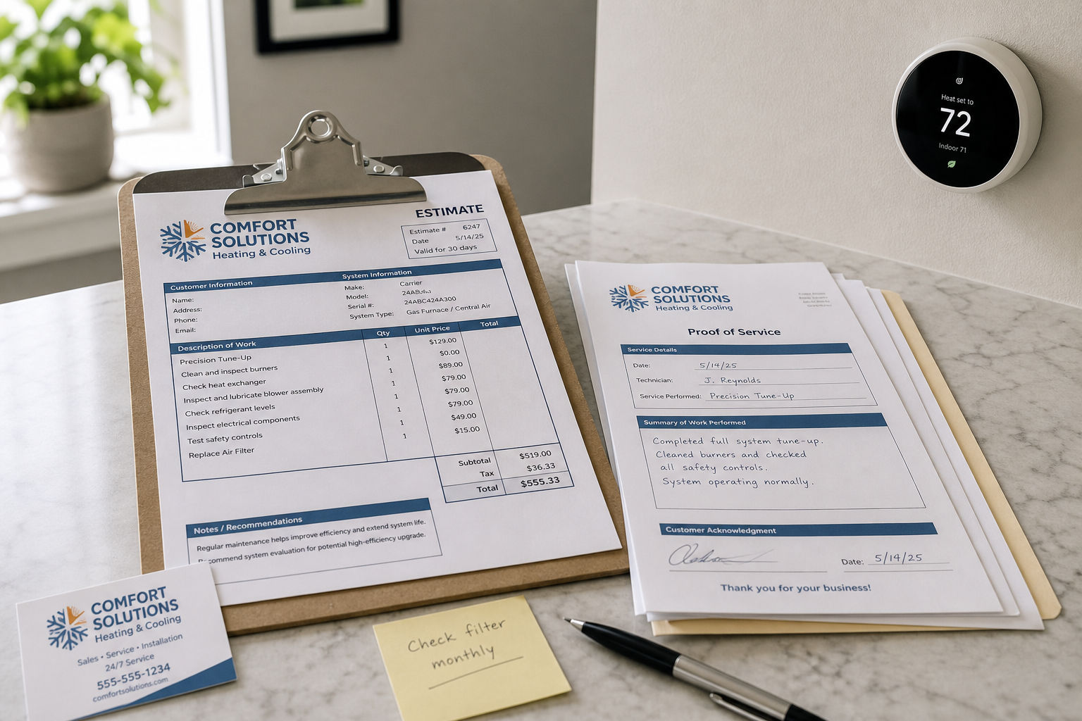 HVAC estimate and service documents laid out for review