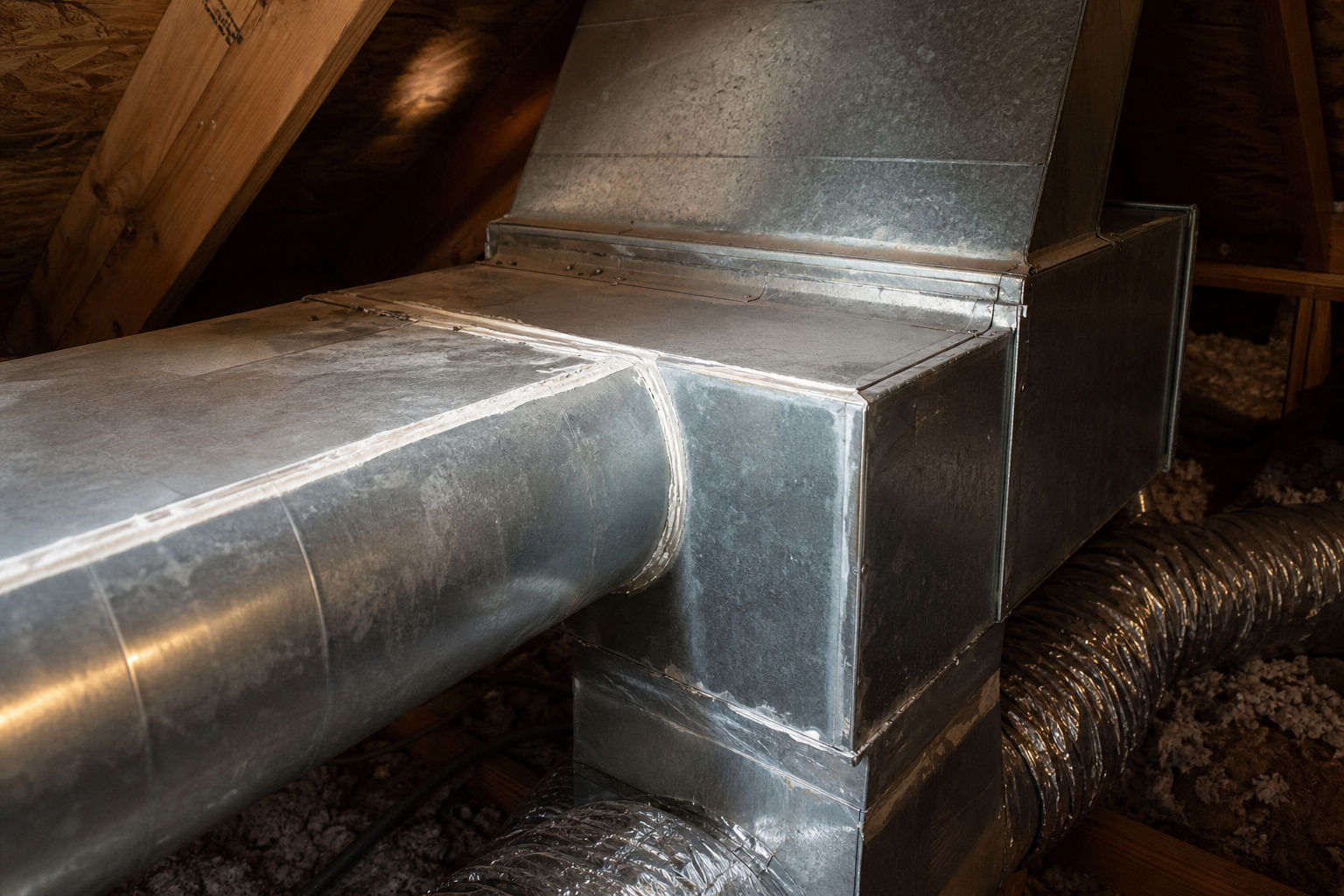 Residential attic ductwork showing areas where leaks can reduce cooling to certain rooms