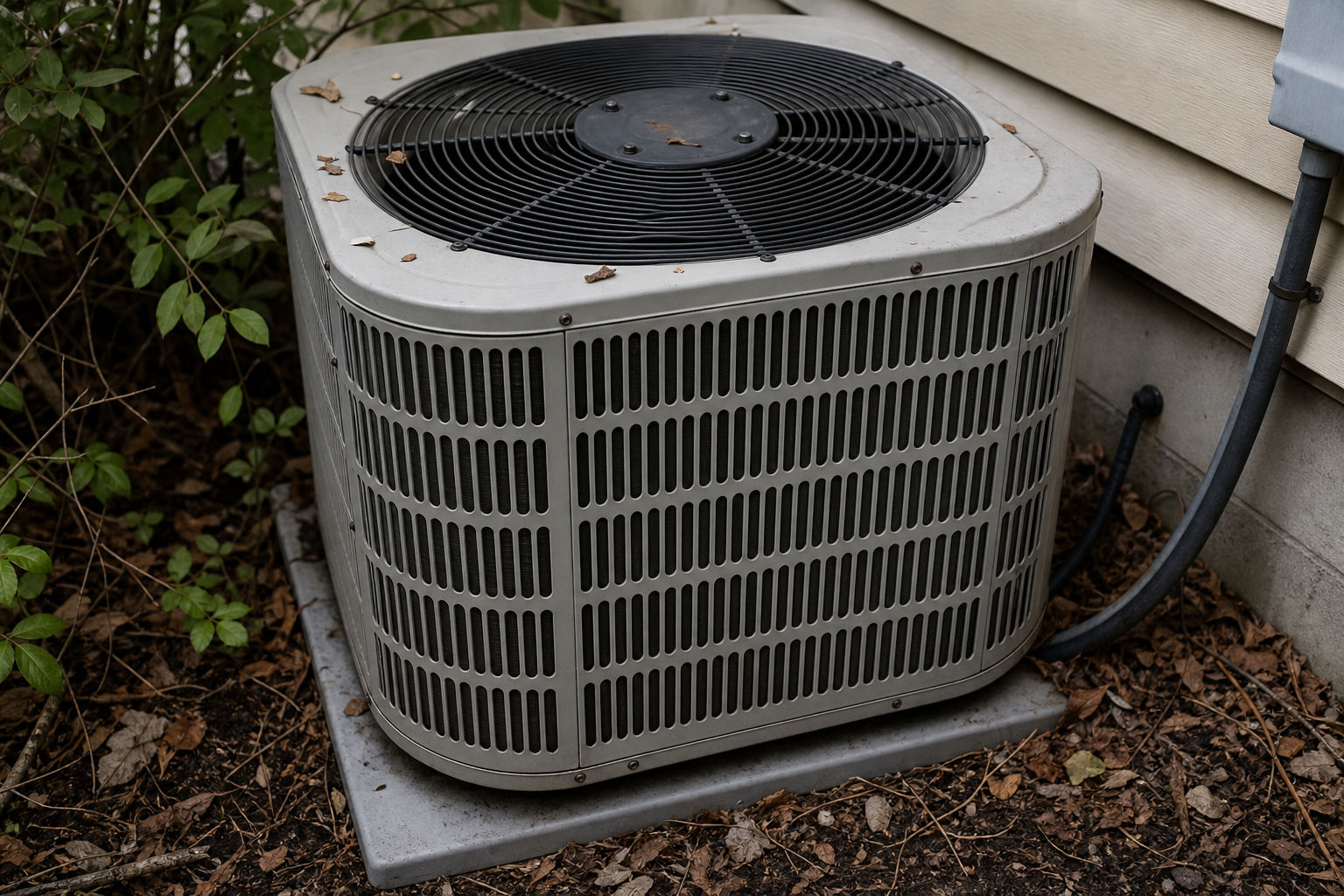 Outdoor air conditioner condenser unit showing conditions that can cause buzzing or rattling noises