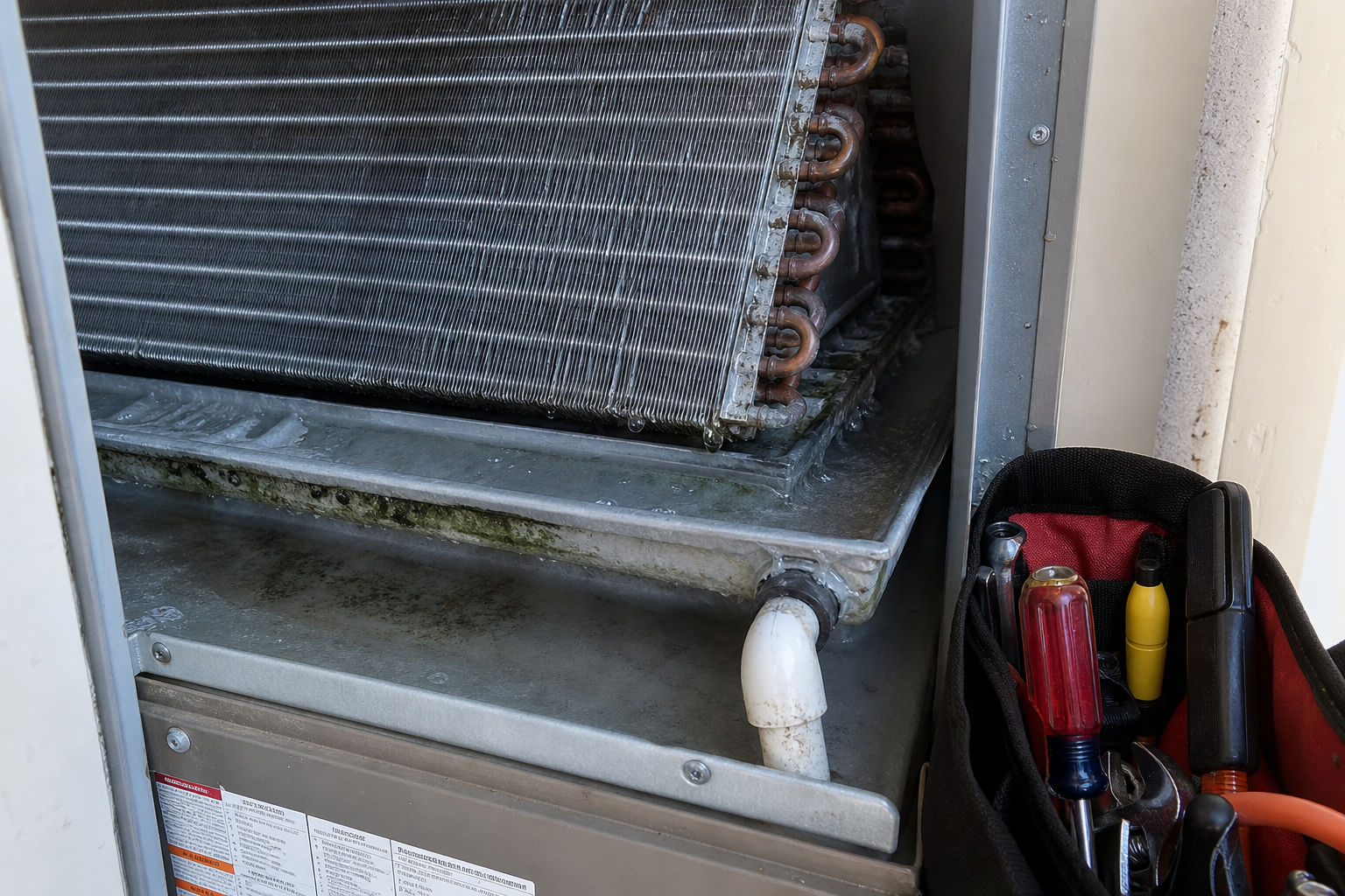 Evaporator coil and condensate drain area showing moisture buildup inside an AC system