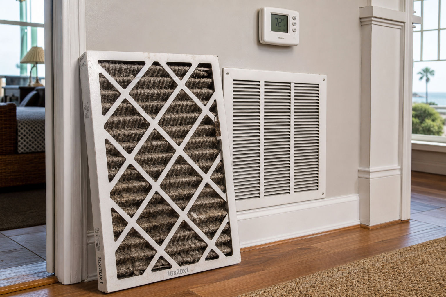 Dirty HVAC filter and thermostat showing common hidden causes of higher summer cooling costs