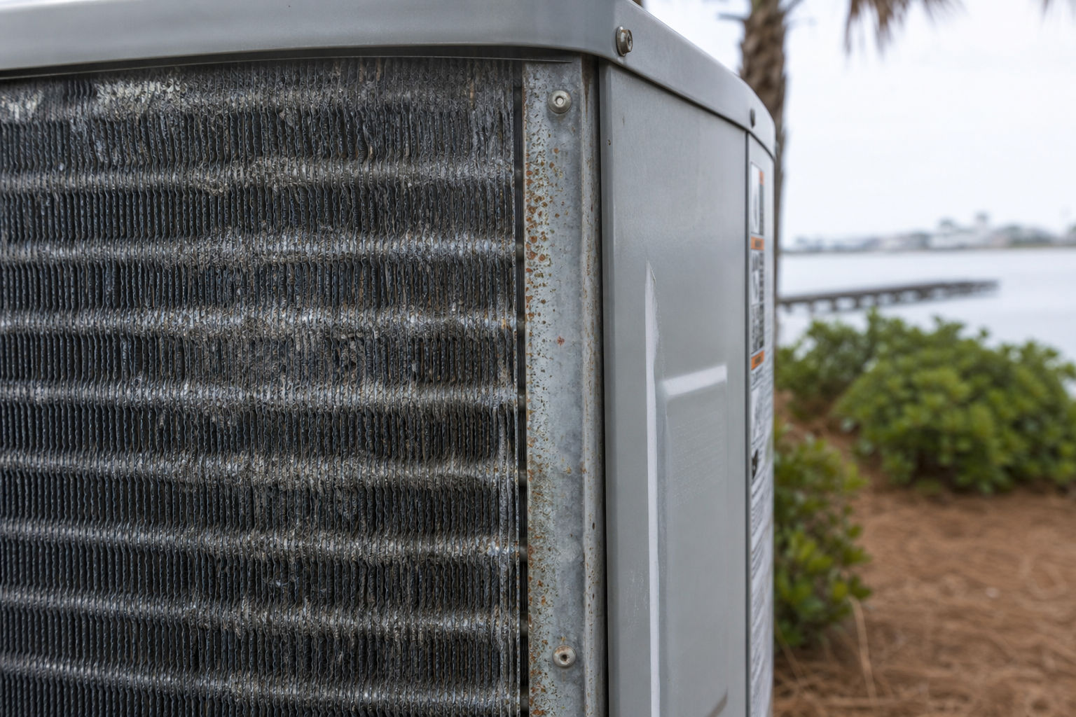 Close-up of coastal corrosion on an outdoor AC unit near Charleston