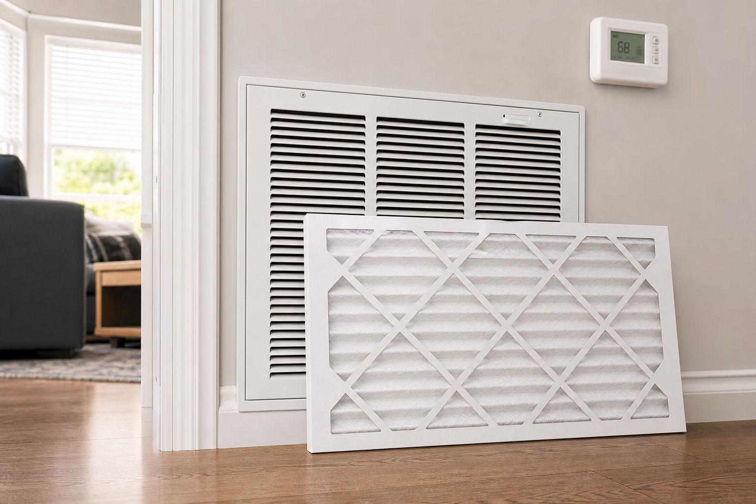 Clean HVAC filter and thermostat in a home showing routine maintenance