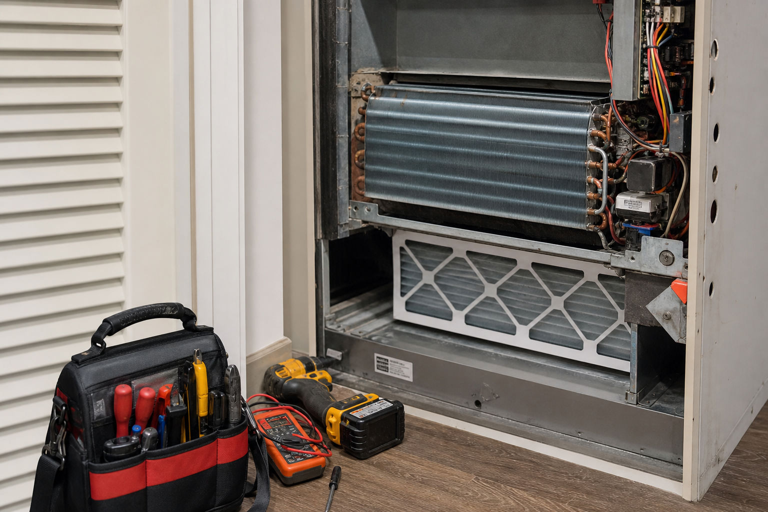Indoor HVAC unit opened for inspection and maintenance