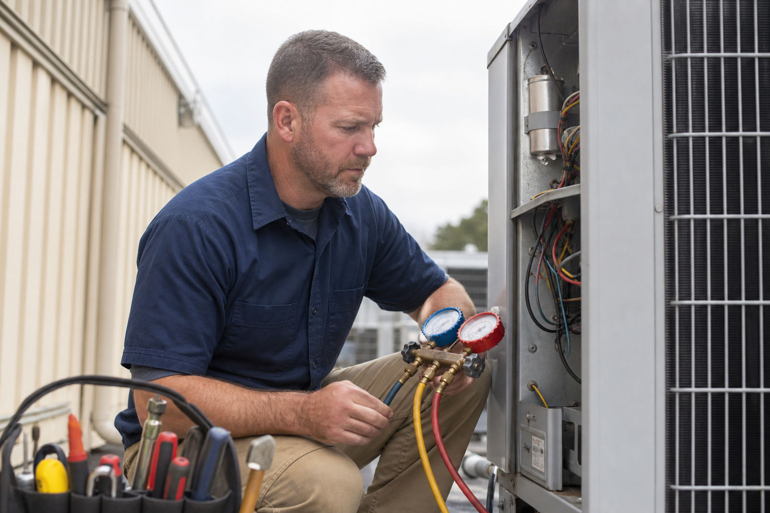 Air conditioning contractor performing maintenance on a light commercial cooling system in Johns Island