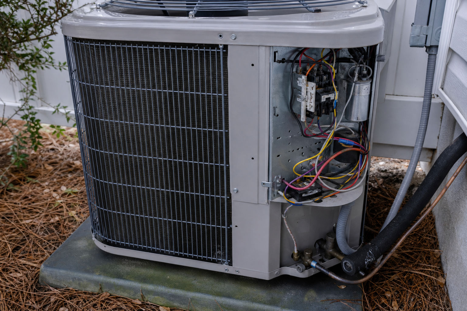 Outdoor AC unit in Charleston being inspected for startup and capacitor-related issues