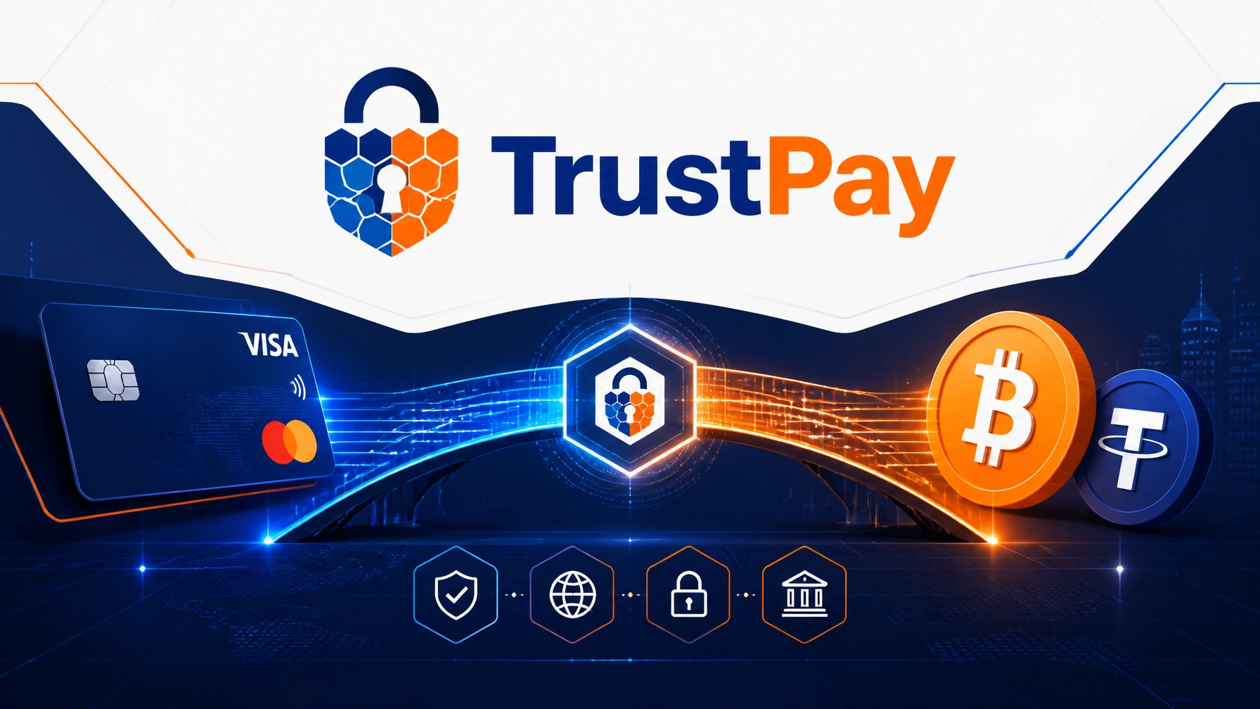 High-tech digital bridge connecting credit cards and cryptocurrency with the TrustPay logo