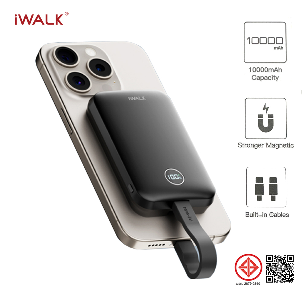 Powerbank IWALK Power Hybrid 10000mAh Black color MagSafe Magnetic Charging support 30W Fast Charge with TypeC and Lightning Built-in Cables