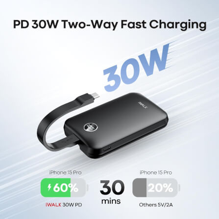 Powerbank IWALK Power Hybrid 10000mAh Black color MagSafe Magnetic Charging support 30W Fast Charge with TypeC and Lightning Built-in Cables view 4