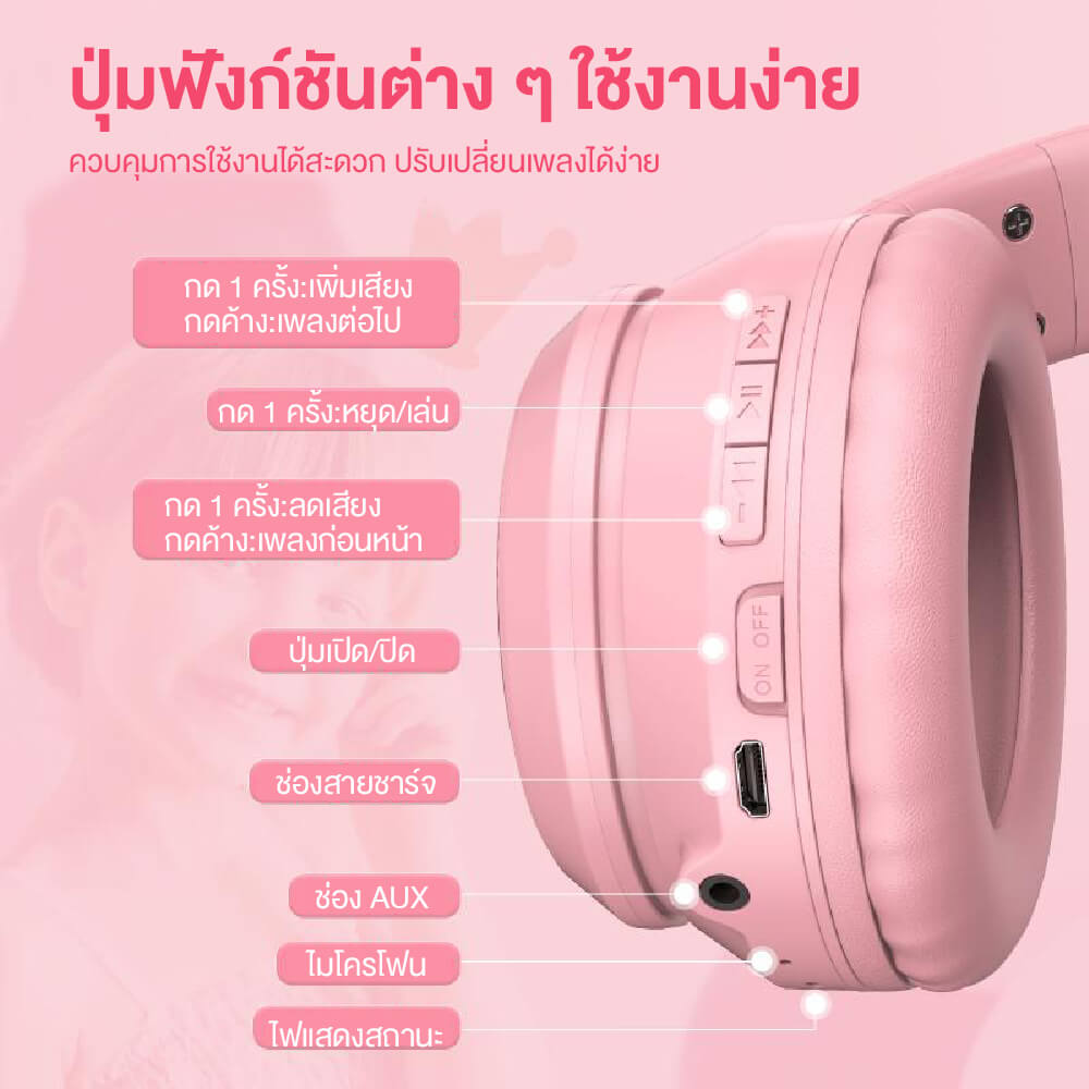 ONIKUMA B90 RGB CAT EAR WIRELESS GAMING HEADSET - PINK view 4