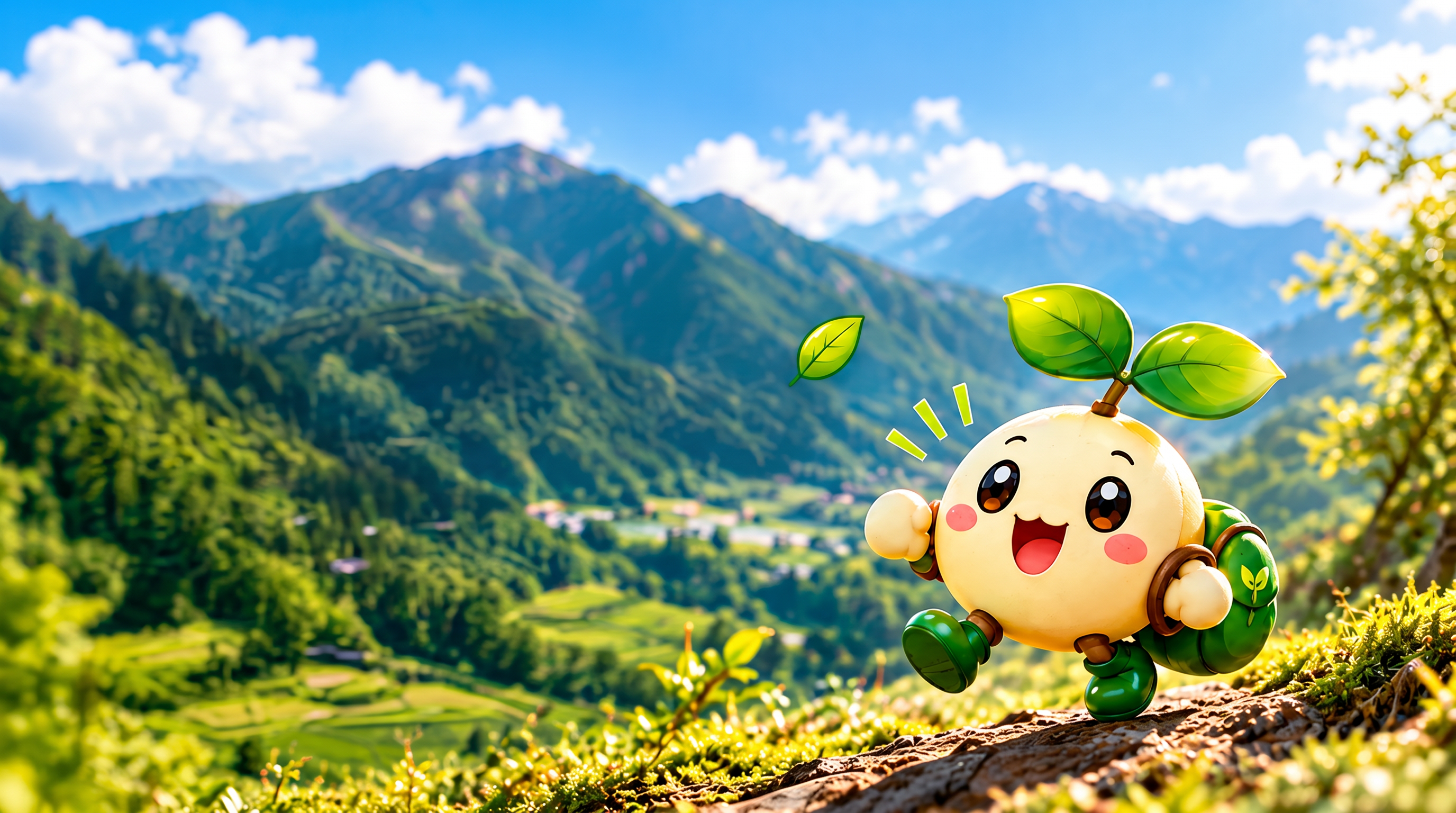 明るい山里と、山道を歩くMOVEちゃん