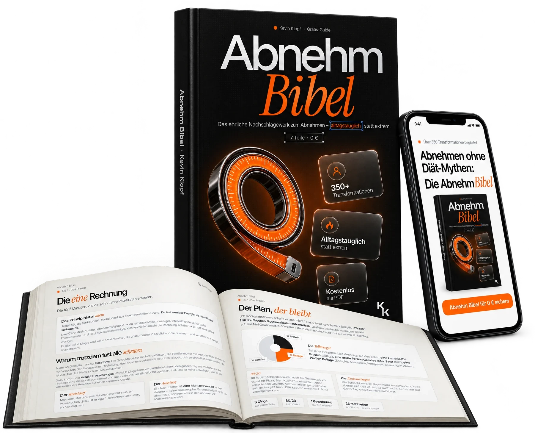 Abnehm Bibel von Kevin Klopf: Buch, aufgeschlagene Seiten und Handy