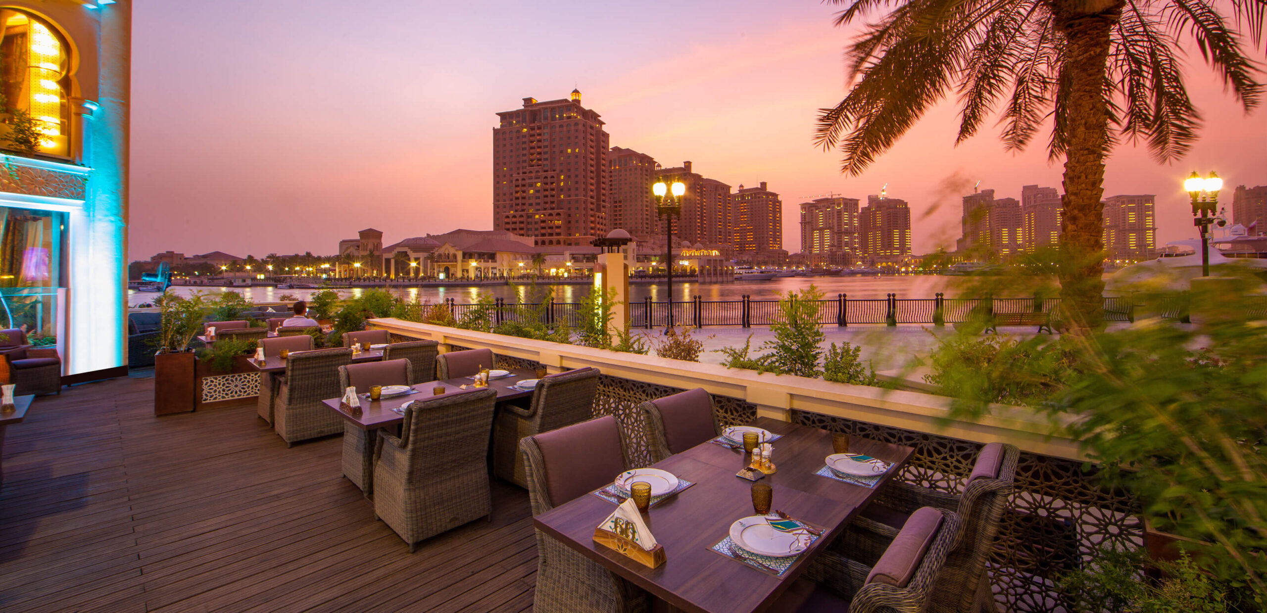 Terrace tables at sunset