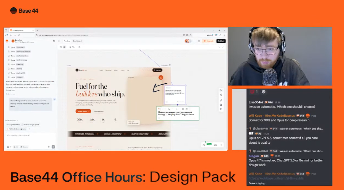 Sam Teasdale demoing Base44 Canvas live during Office Hours, with the Base44 app builder on screen and community chat visible