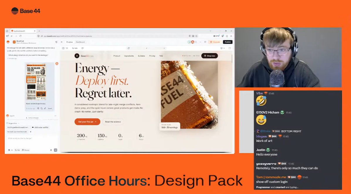 Sam Teasdale demoing Base44 video generation live during Office Hours, with the Base44 app builder on screen and community chat visible