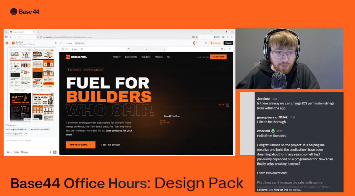 Sam Teasdale demoing Base44 Redesign options live during Office Hours, with the Base44 app builder on screen and community chat visible