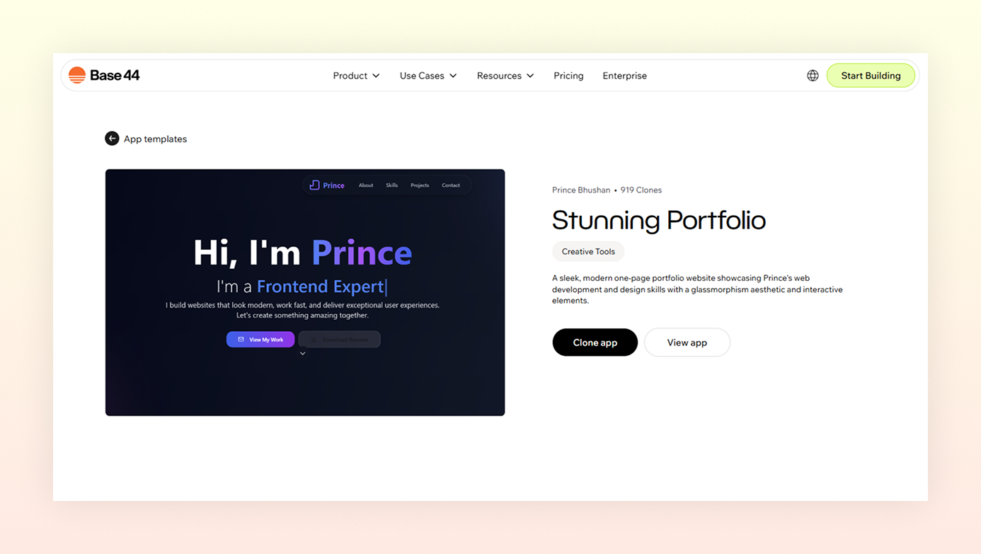 Portfolio website vibe coded with Base44