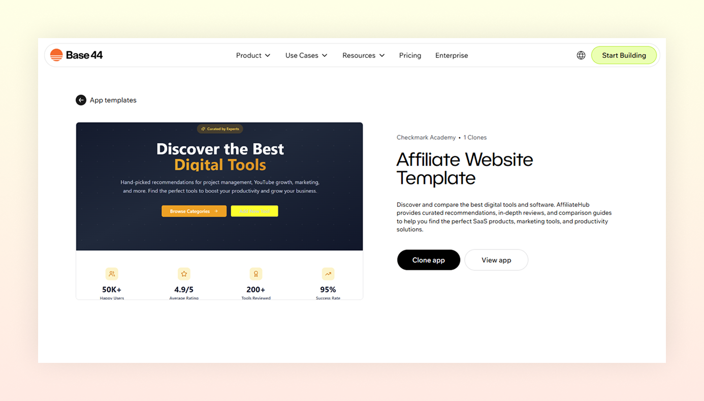 Affiliate website vibe coded with Base44