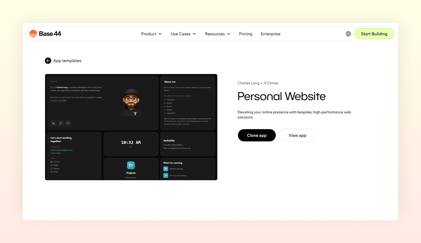 Personal website vibe coded with Base44
