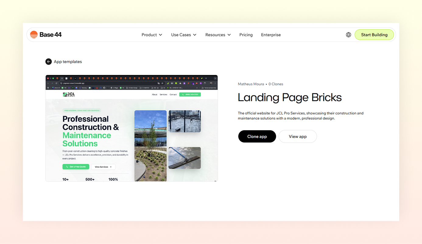Construction business website vibe coded with Base44