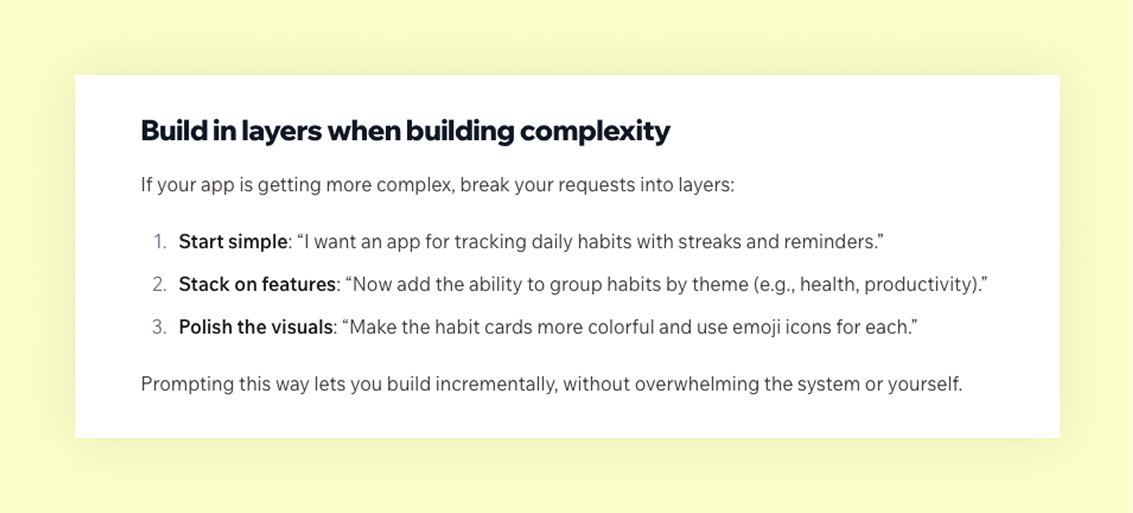 build in layers into ai prompt when building complexity base44 prompt tips