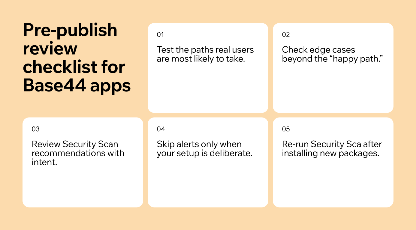 Best practices for pre-publish app review on Base44