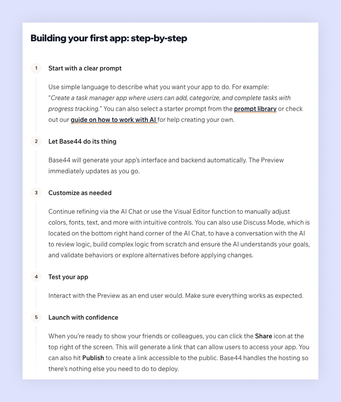 step by step instructions for building an app base44