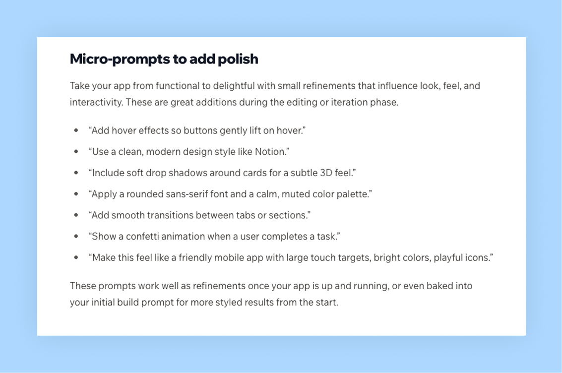 micro-prompts to add polish base44 recommendations