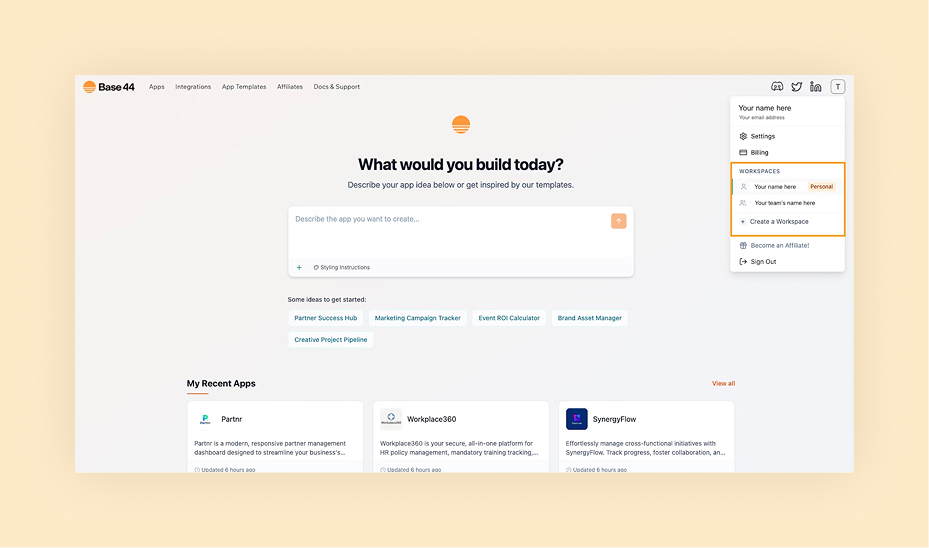 what are the best ai app builders - base44 dashboard