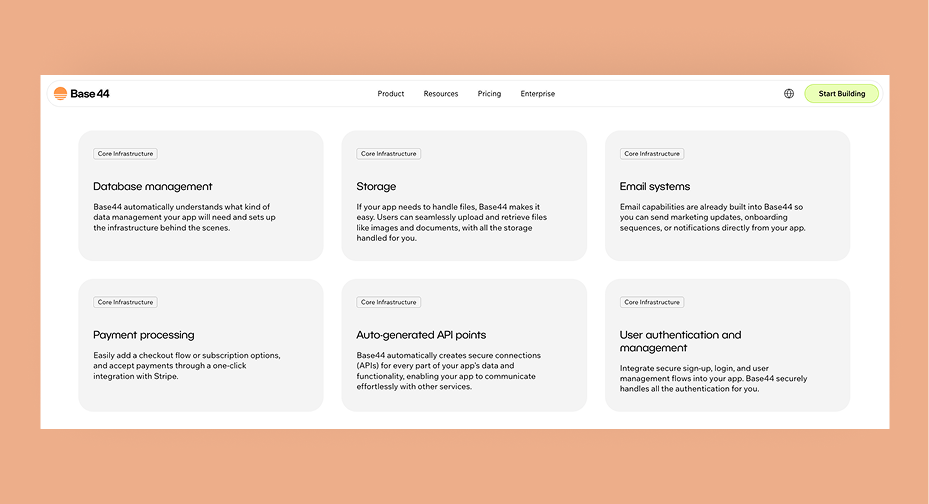managed app infrastructure base44 infrastructure features listed