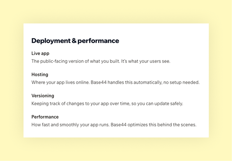 deployment and performance bullet points base44