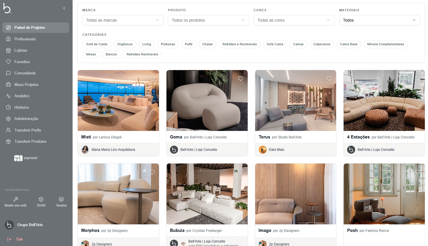 Painel de projetos do ArqMood com filtros inteligentes