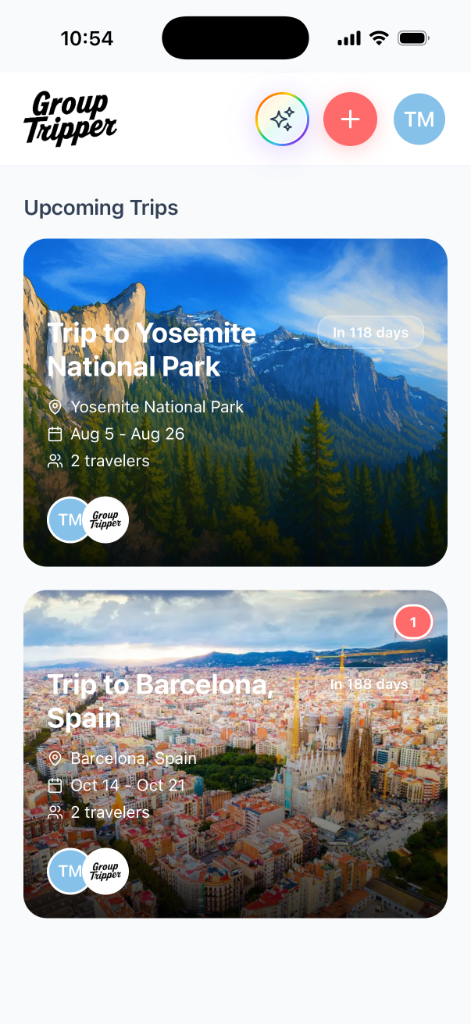Trip dashboard showing Yosemite and Barcelona trips