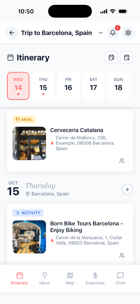 Itinerary view with day-by-day schedule