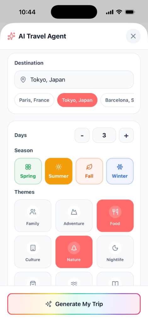 AI agent destination and theme picker